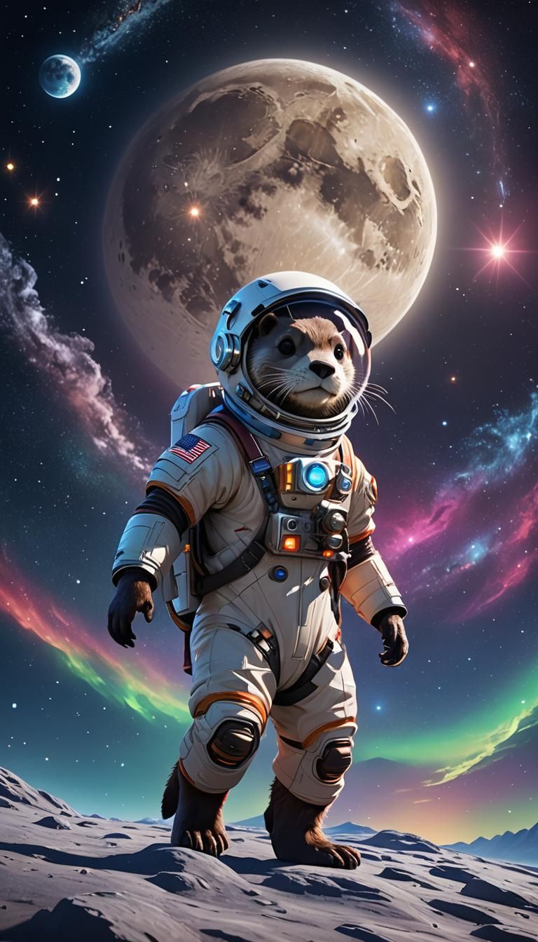 Otter Astronaut Exploring the Moon in 3D Anime Style