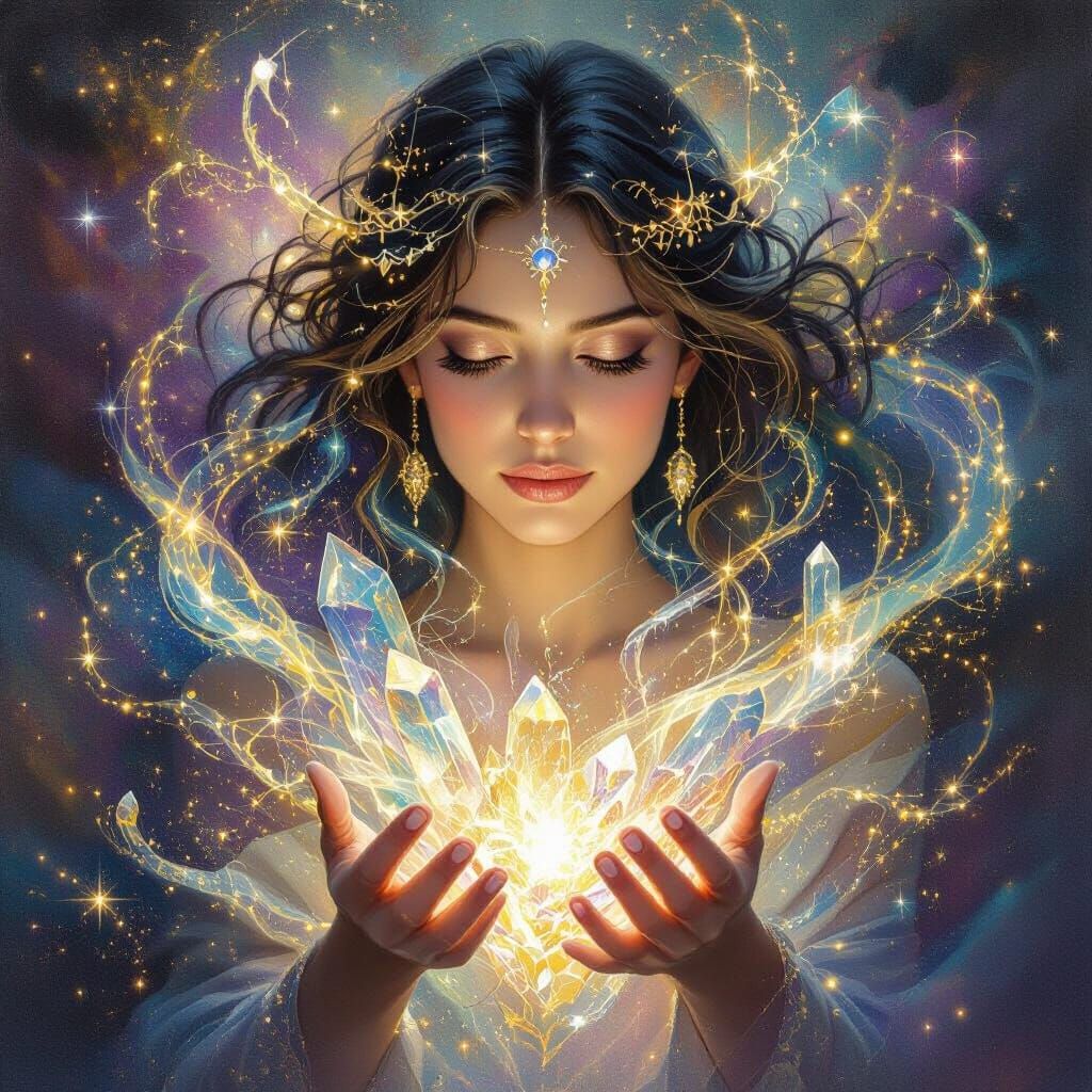 Surrealist Oil Painting of Spiritual Woman with Crystals