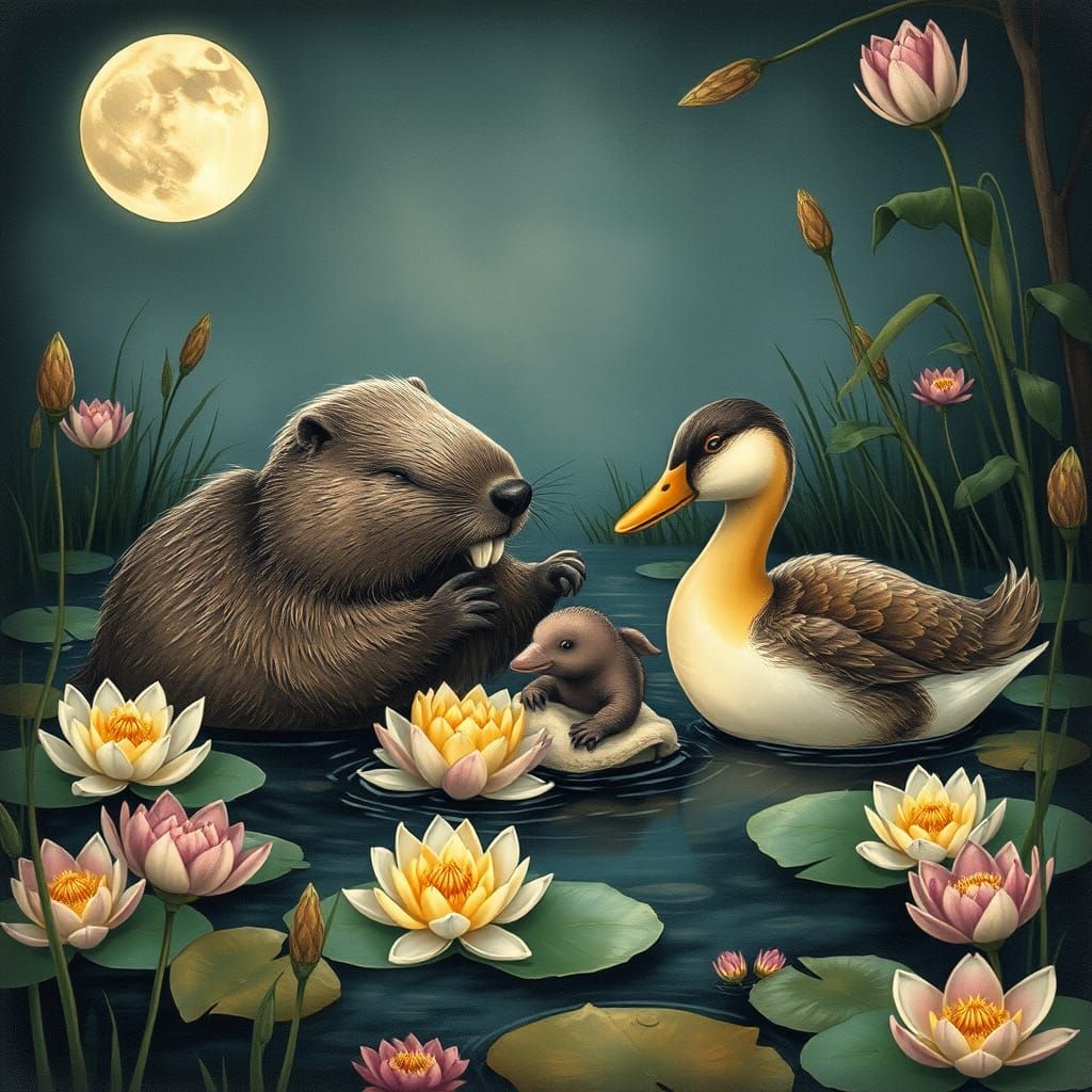 Whimsical Beaver and Duck Family Scene