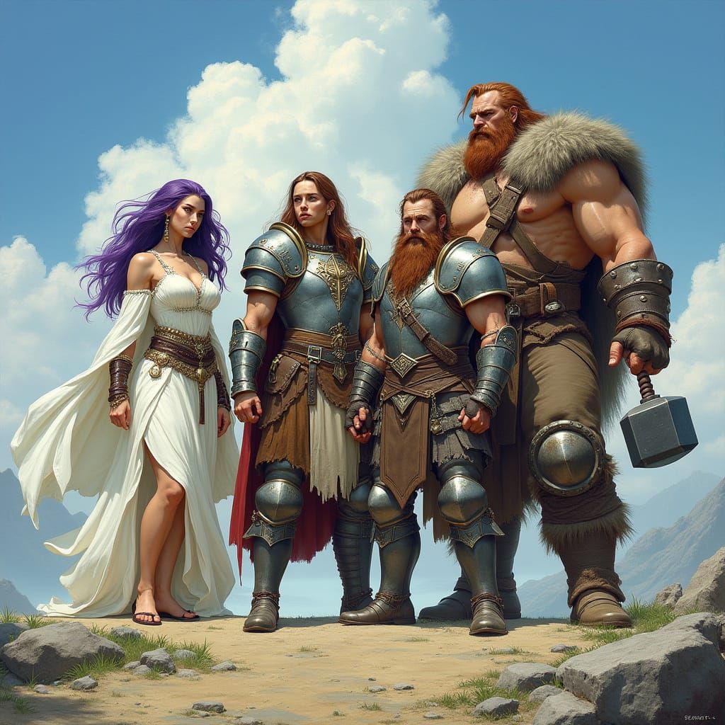 Fantasy Adventurers in Heroic Pose, Vibrant Art Style