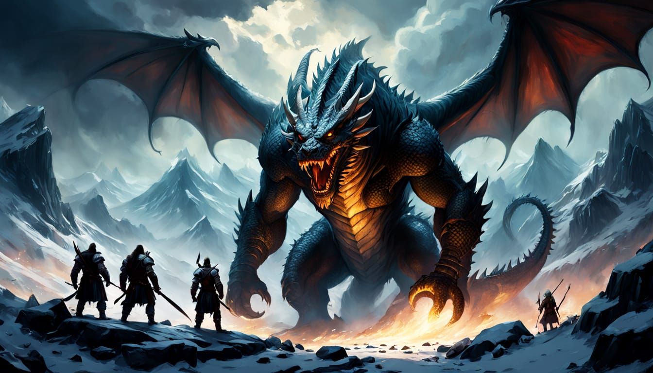 Colossal Dragon Over Vikings in Snowy Mountains