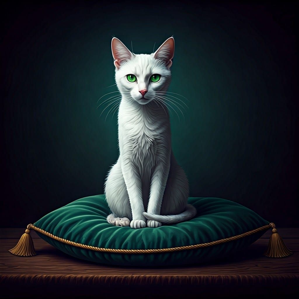 Elegant White Cat's Disenchantment: A Digital Art Piece