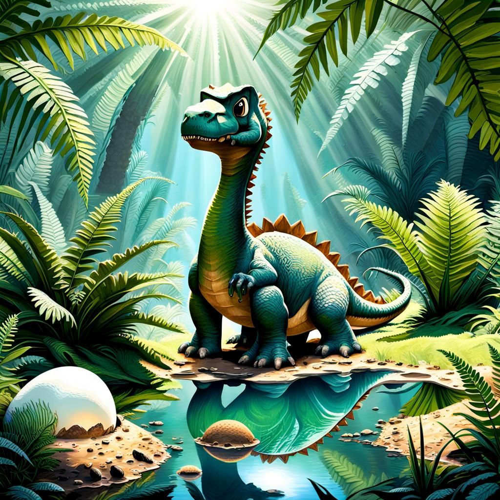 Prehistoric Meadow with Brontosaurus and Baby Dinosaur