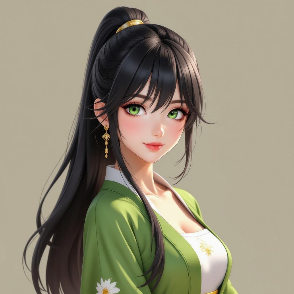 Beautiful Young Woman in Elegant Green Outfit