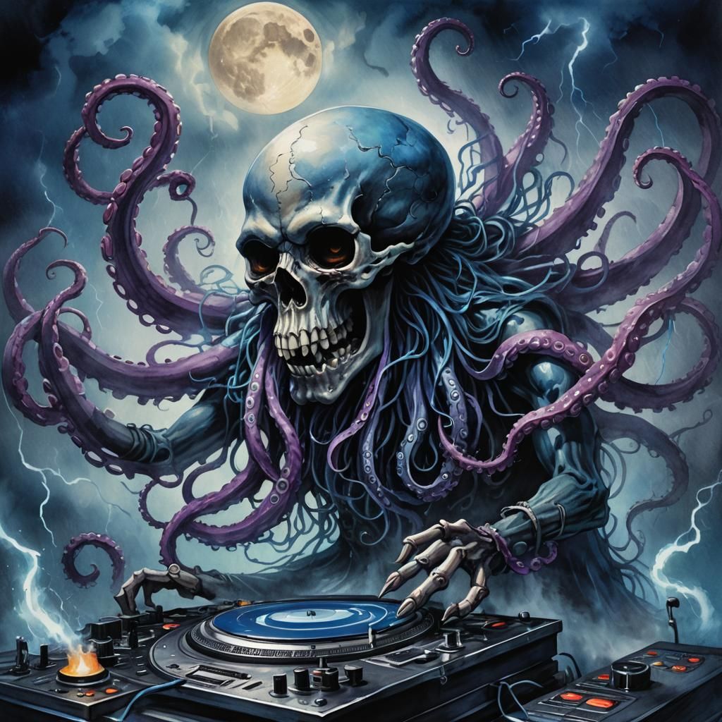 Skull Octopus Mixes Turntables in Dark Fantasy Illustration