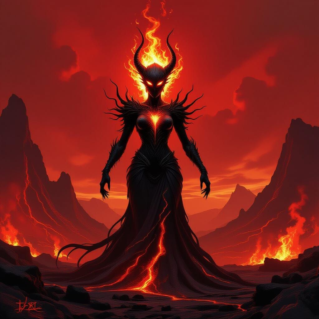 Fiery Xenomorphic Goddess in Volcanic Landscape