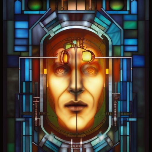 Cyberpunk Head with Stained Glass and Steampunk Engine