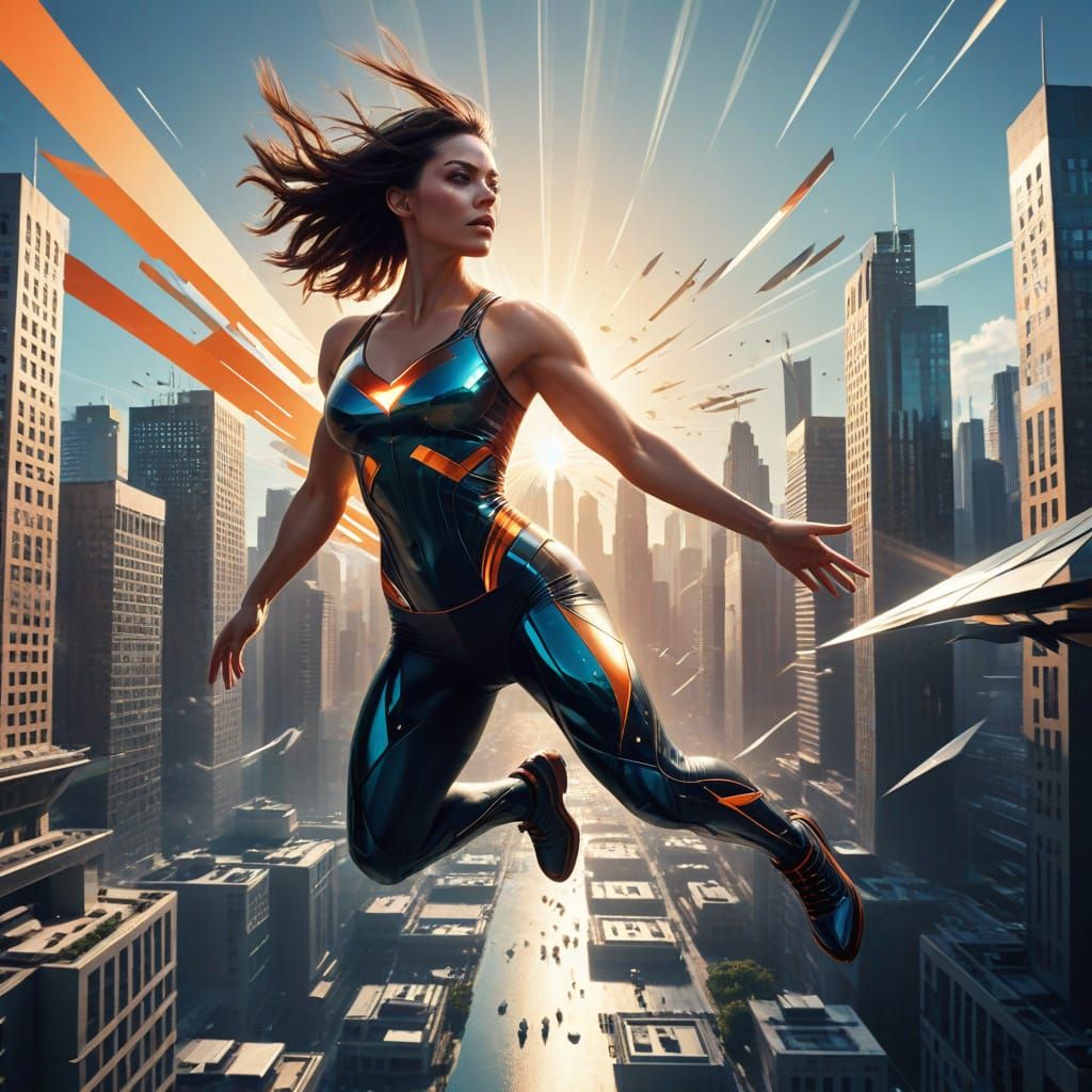 Brunette Superhero Soars Above Futuristic Cityscape