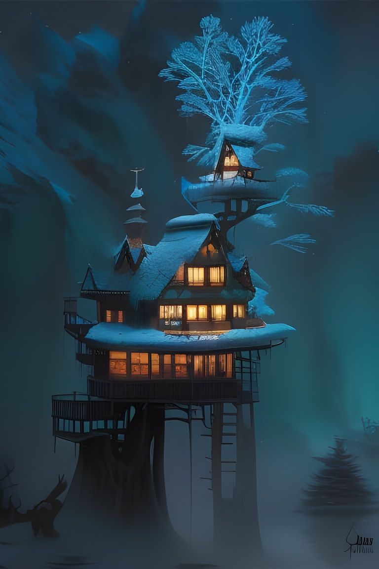 Frozen Treehouse with Colorful Lights, in Psychedelic Art St...