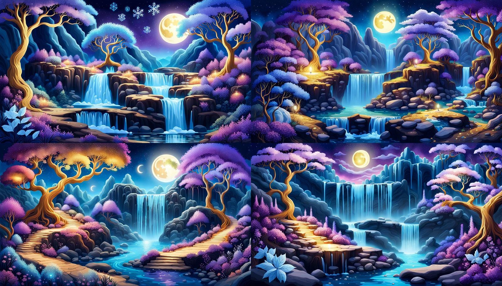 Magical Nightscape with Golden Waterfall and Prismatic Path