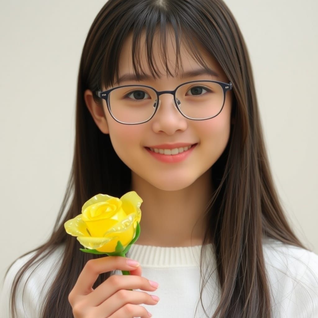 Smiling Japanese Girl Holding Yellow Rose