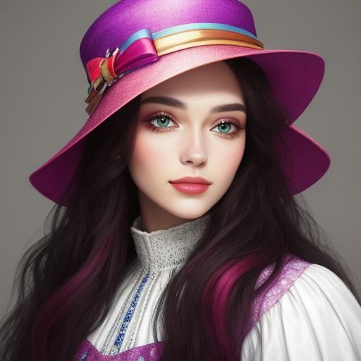 Colorful Close-Up Portrait of Young Woman with Hat
