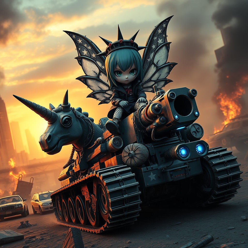 In a high-speed Mad Max style intensity, a chibi goth fairy ...