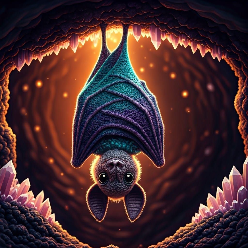 Crochet Bat in Crystal Cave, High-Contrast Detail