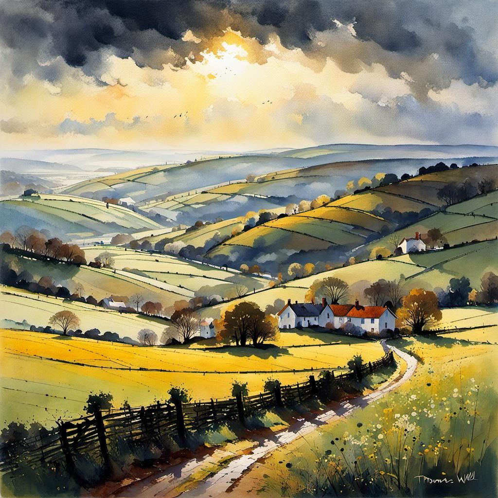 Sun and Rain Over Hilly Landscape: Watercolor Painting