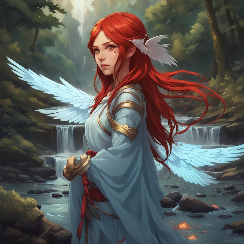 Princess with Red Metallic Hair in Mythical Forest