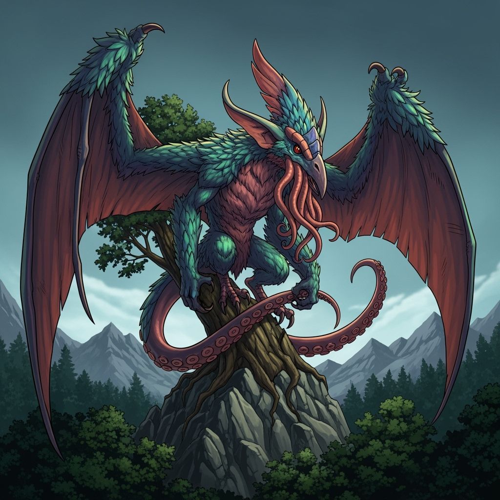 Pteroblin Creature Perched on Mountain in Anime Style