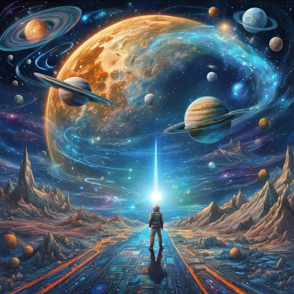 Cosmic Voyage in a Vibrant Blue Holographic Dreamscape