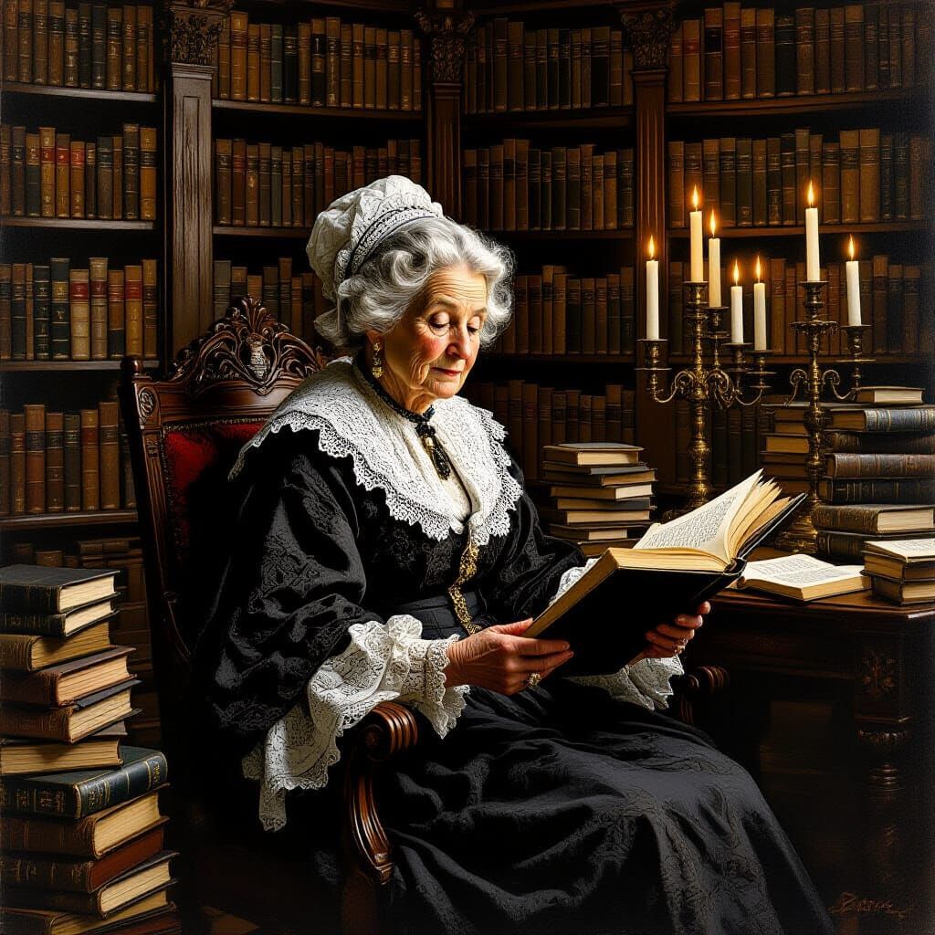 Old Woman in Library, Bistre Ink Drawing