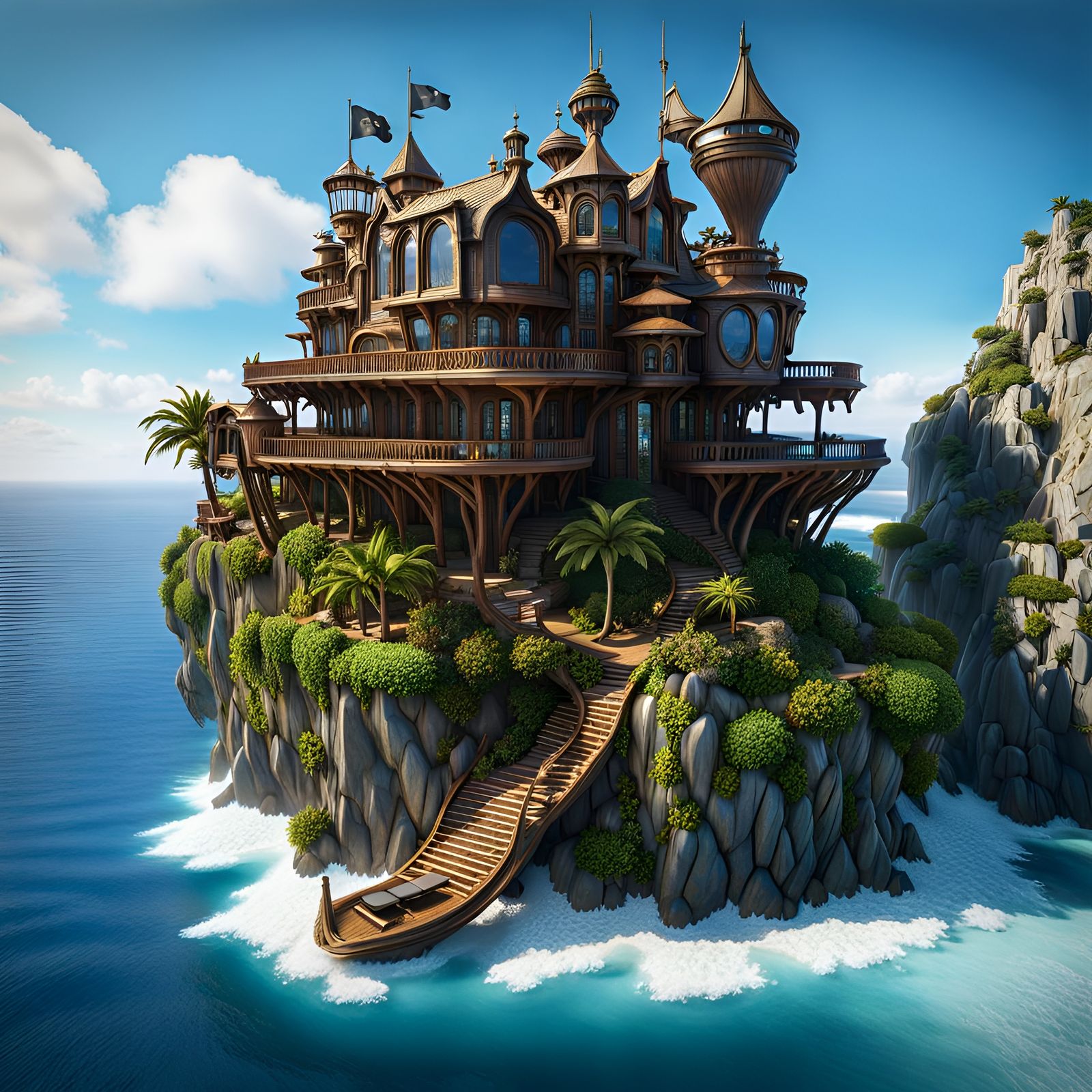 Spectacular Pirate Ship Cliffside Mansion: 3D Render