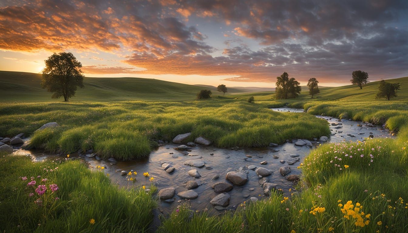 Serene Spring Meadow Landscape in Warm Light