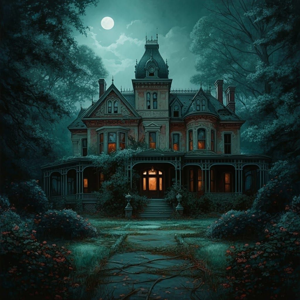 A dark, eerie painting of a haunted house illuminated by moonlight, surrounded by twisted trees and a starry night sky.