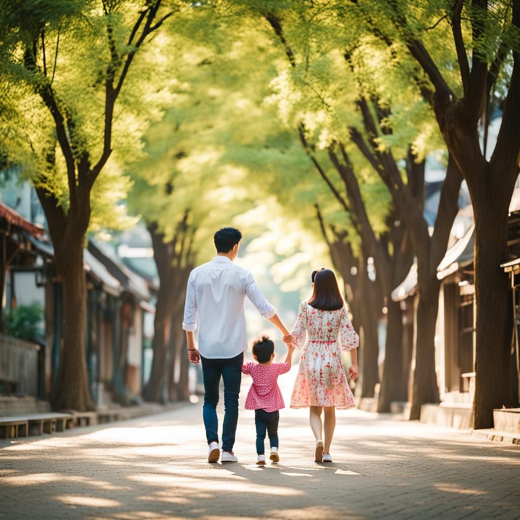 Family Stroll on Romantic Tree-Lined Street