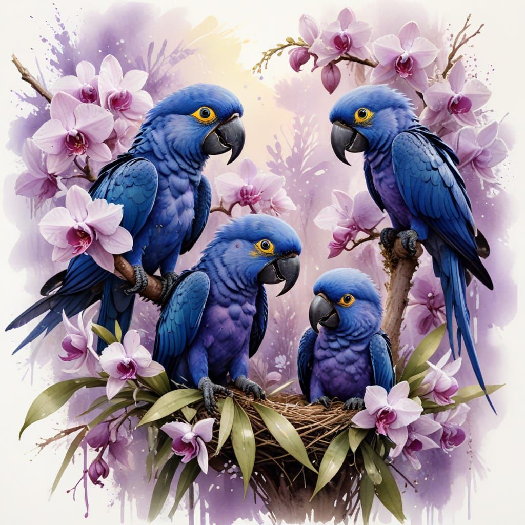 Hyacinth Macaw Hatchlings in Orchid Branches with Lilac Wash