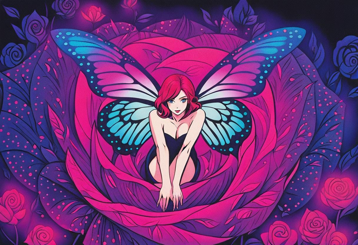 Anime Fairy Emerges from Rose, Cel-Shaded Style