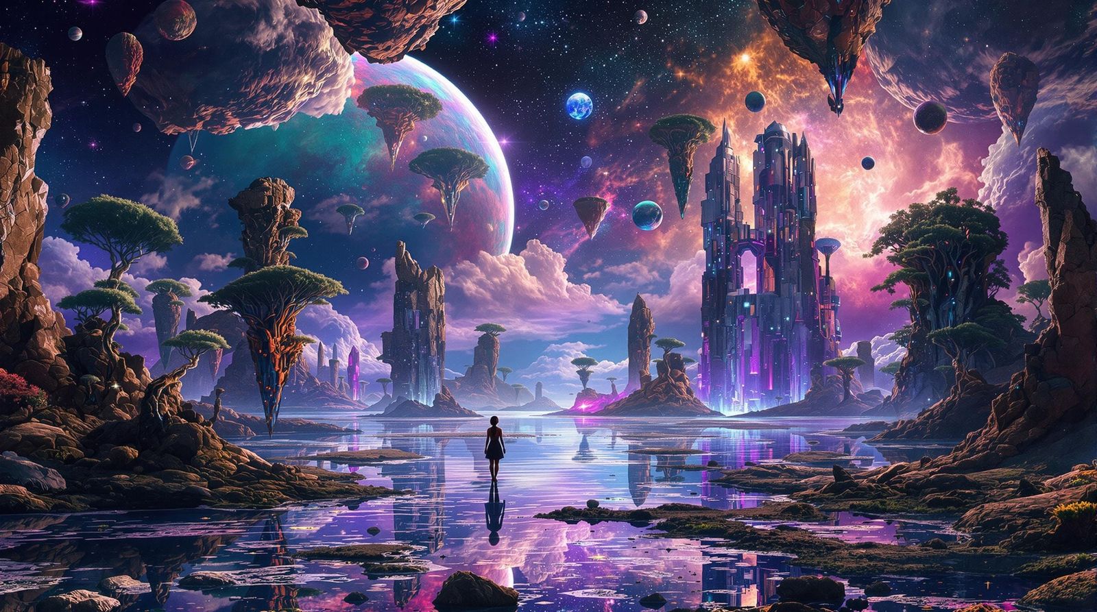 Surreal Galactic World with Floating Ruins and Bioluminescen...