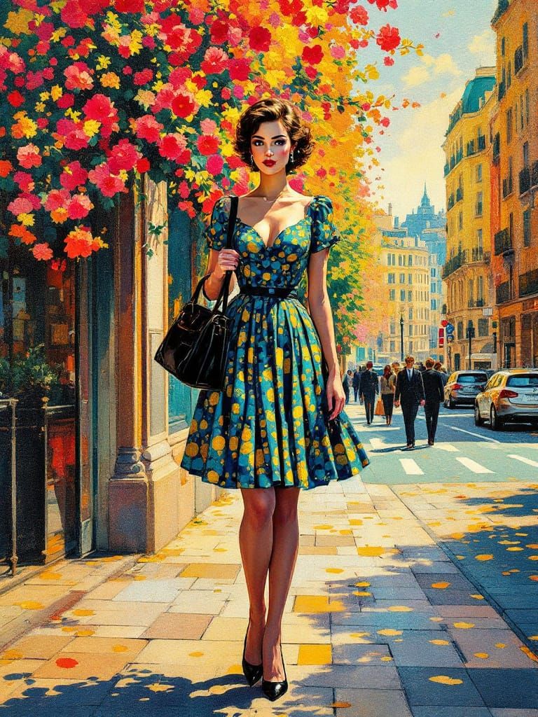 Art Nouveau Pin-Up Woman in Textured Cityscape