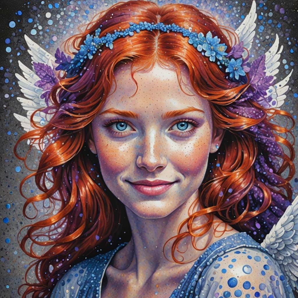 Pointillist Angel Portrait with Red Hair and Blue Eyes