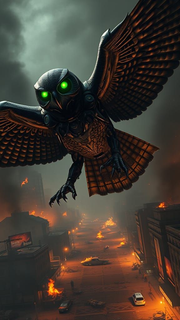 Cybernetic Owl soars through Post-Apocalyptic Cityscape