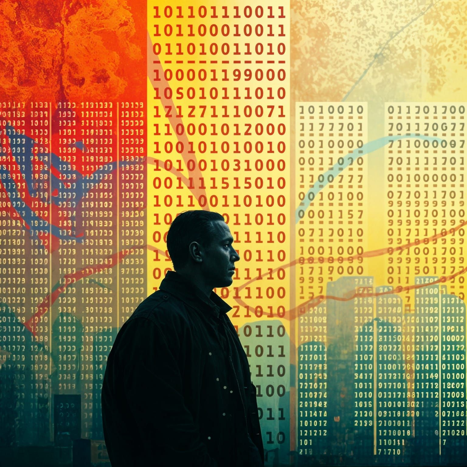Cyberpunk Portrait in a Dystopian Binary Code Landscape