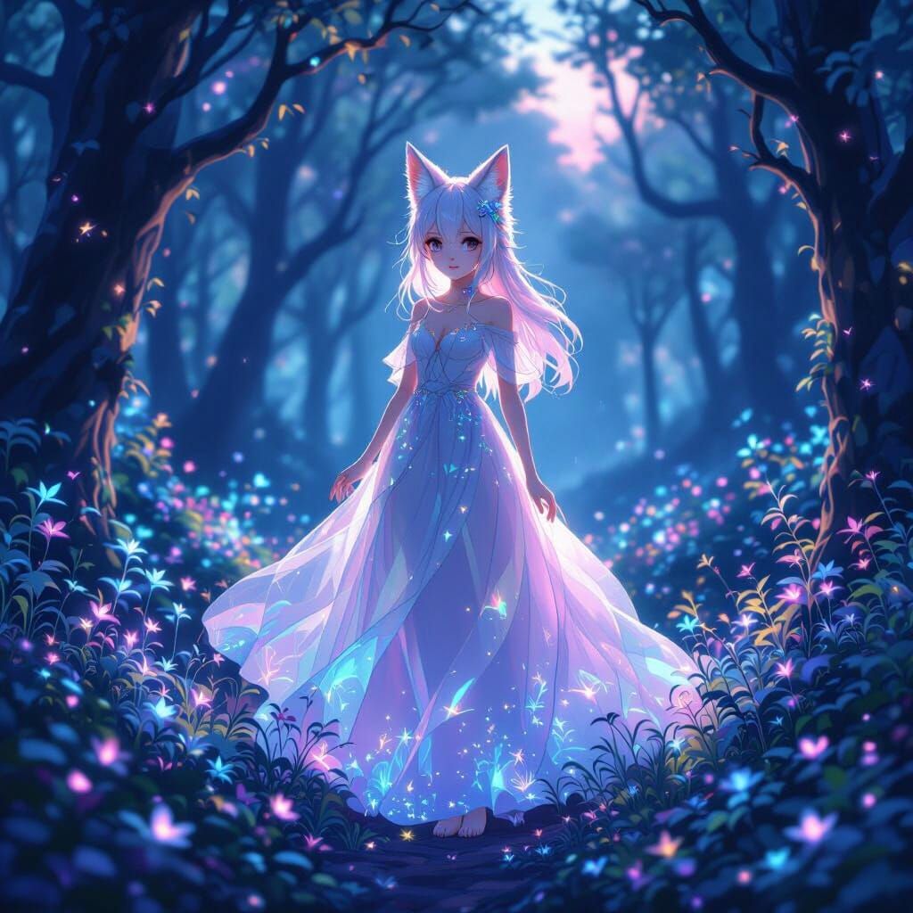 Anime Fox Girl in Bioluminescent Forest Twilight