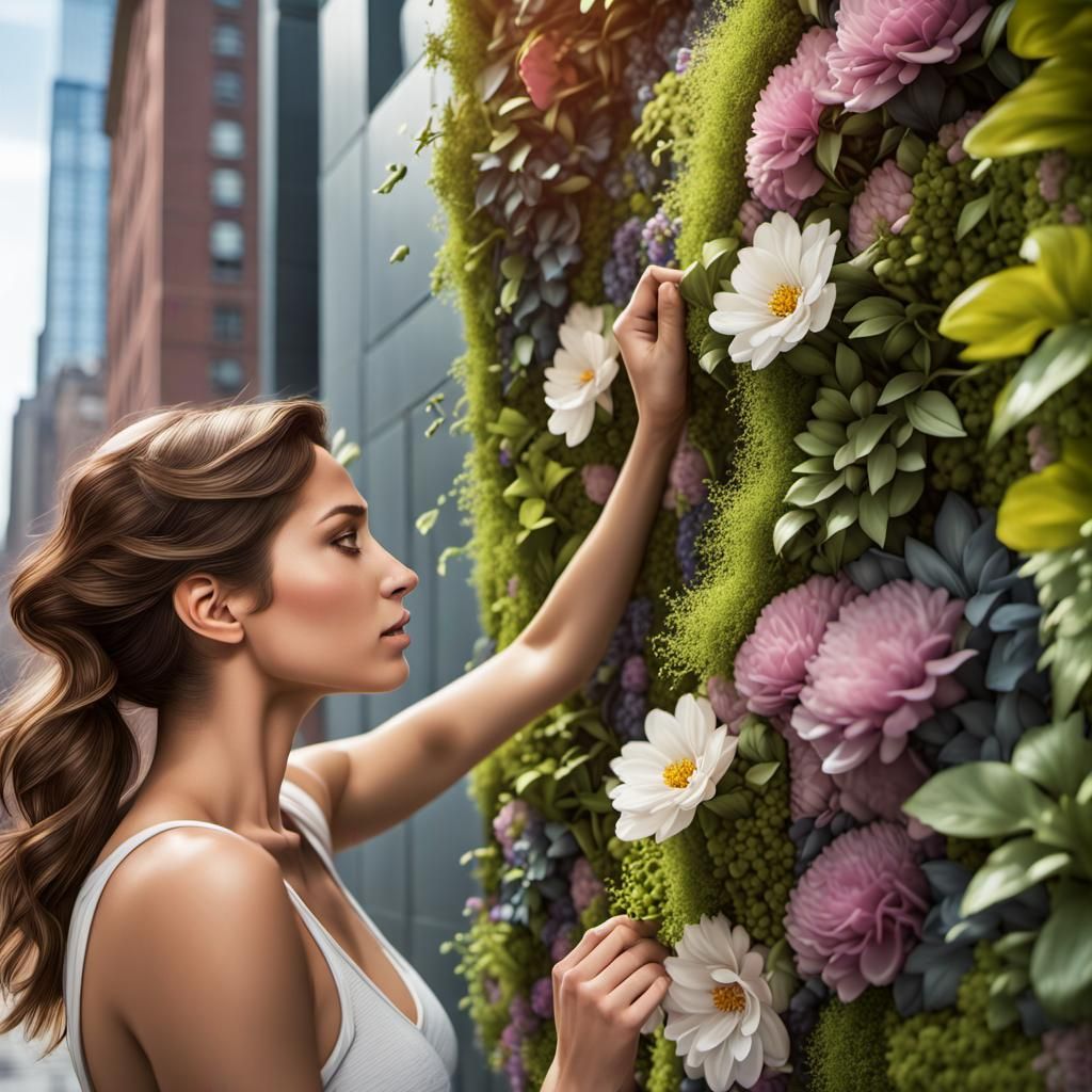 Attending to her vertical garden in Manhattan