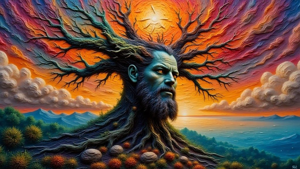 Fractal Faced Man with Rainbow Moss: Impasto Dreamscape