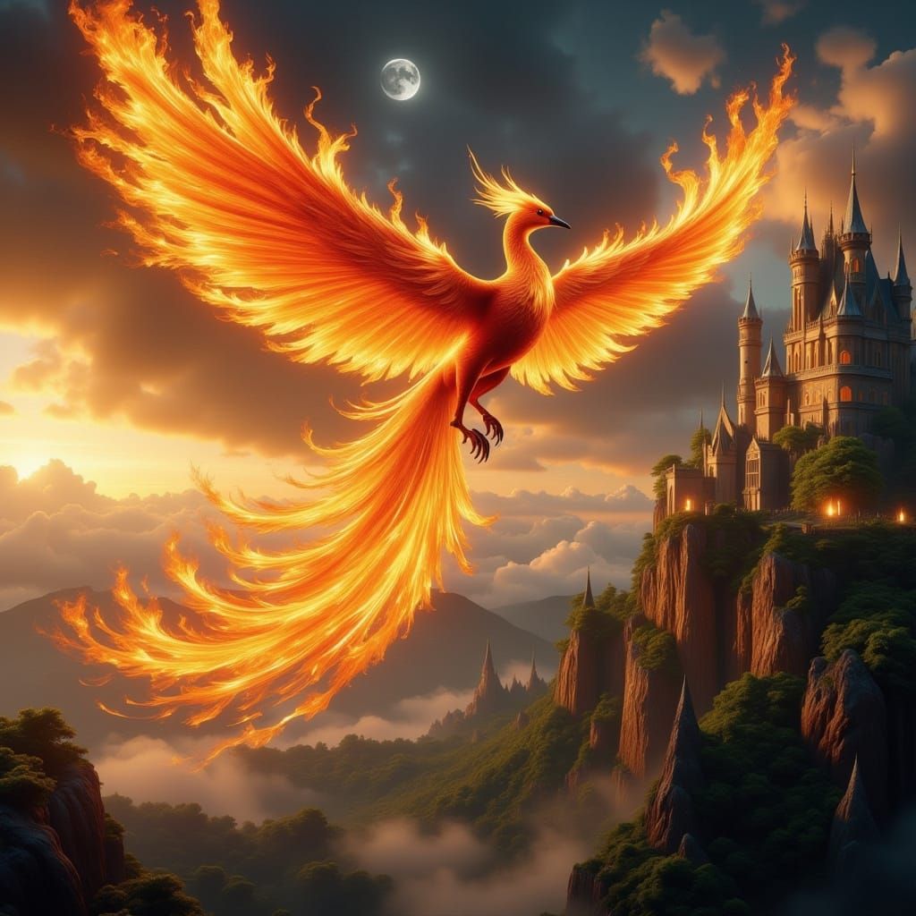 Majestic Phoenix Above Castle at Sunset, 3D Game Cinematic S...