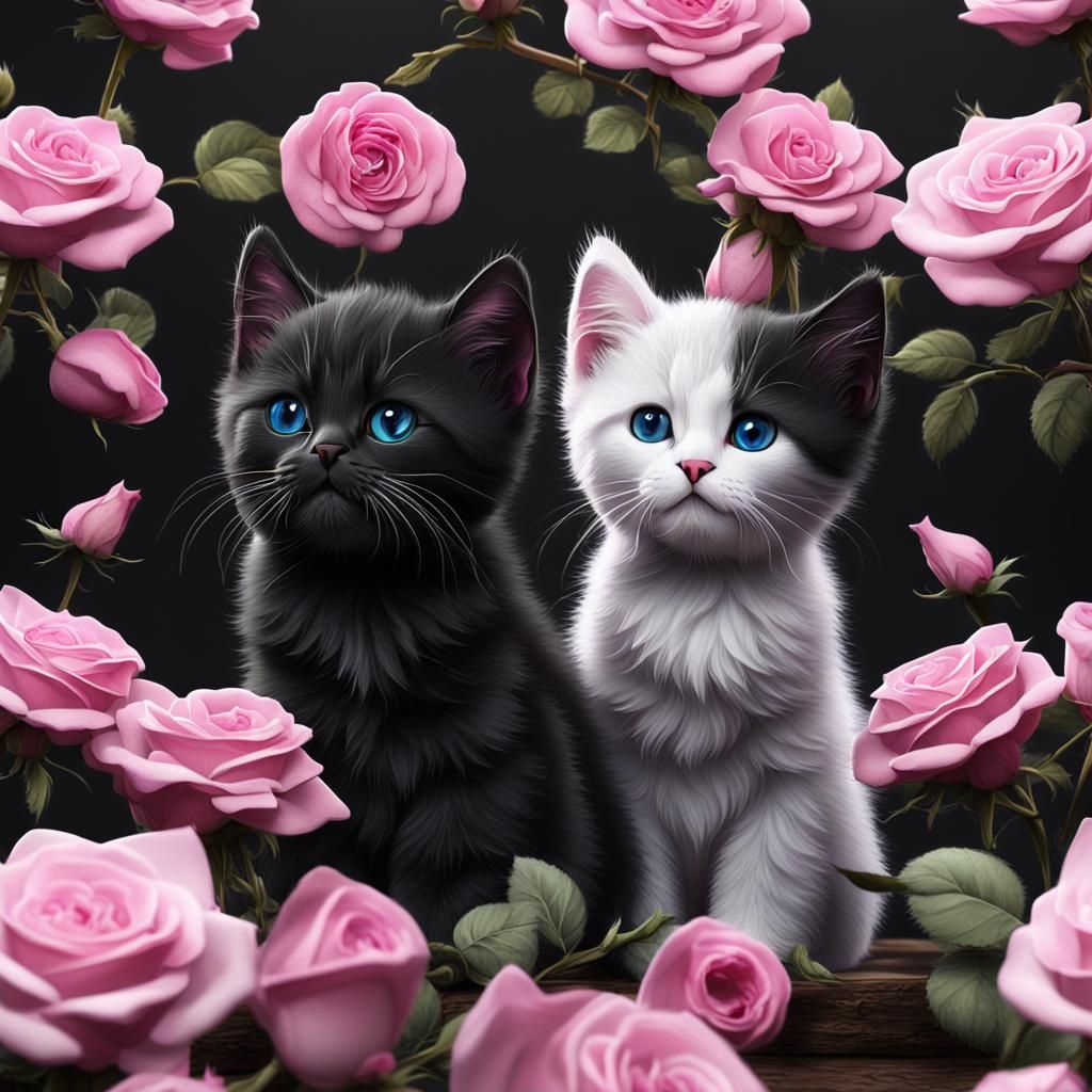 Monochrome Kittens in a Rose Garden