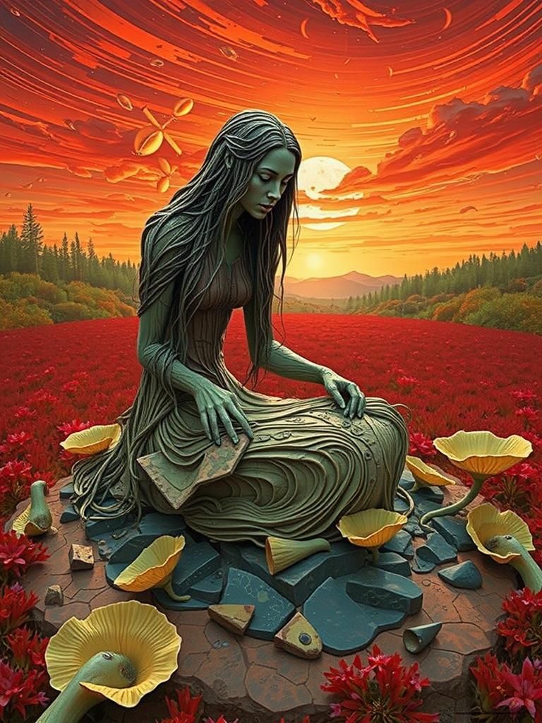 Surreal Sculpture: Woman at Sunset with Bio Art