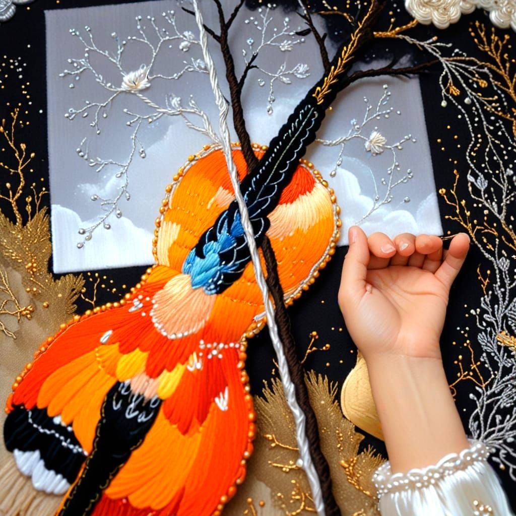 Vibrant Birds in Surreal Embroidery Art