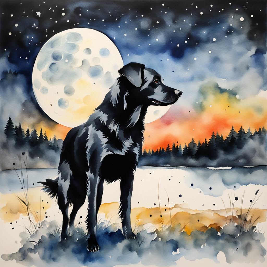 Watercolor Black Dog Under Full Moon