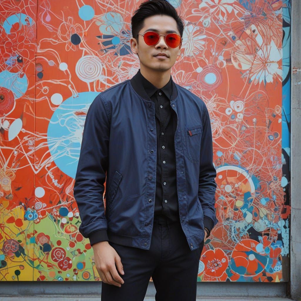 Sharp-Faced Young Asian Man in Trendy Sunglasses