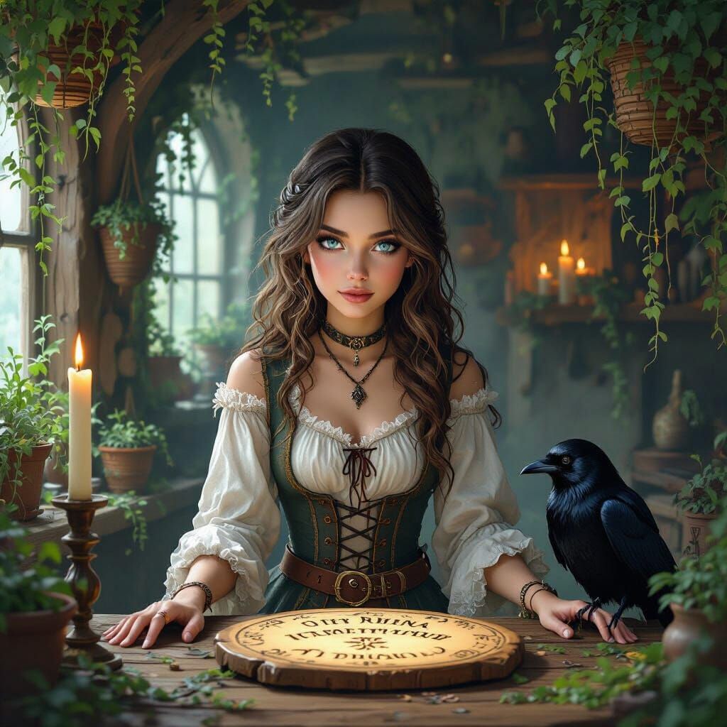 Mystical Witch in Overgrown Candlelit Room