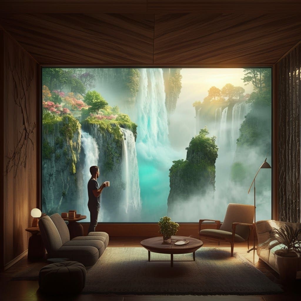 Hyper-Modern Dream Space Over Majestic Waterfall