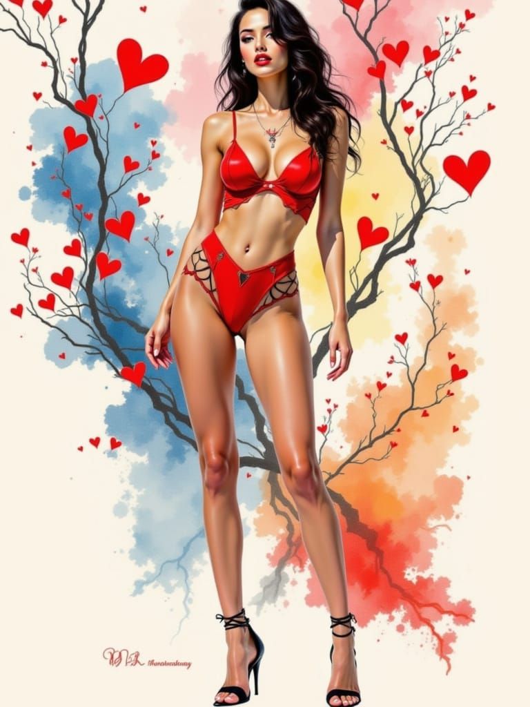 Watercolor Pinup of a Woman in a Whimsical Autumn Setting