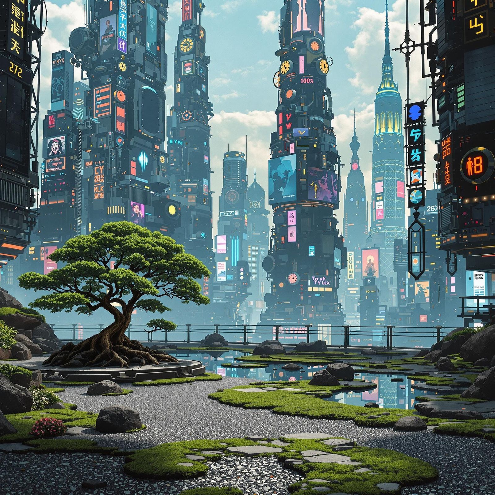 Zen Garden vs Cyberpunk Cityscape in Dieselpunk Style
