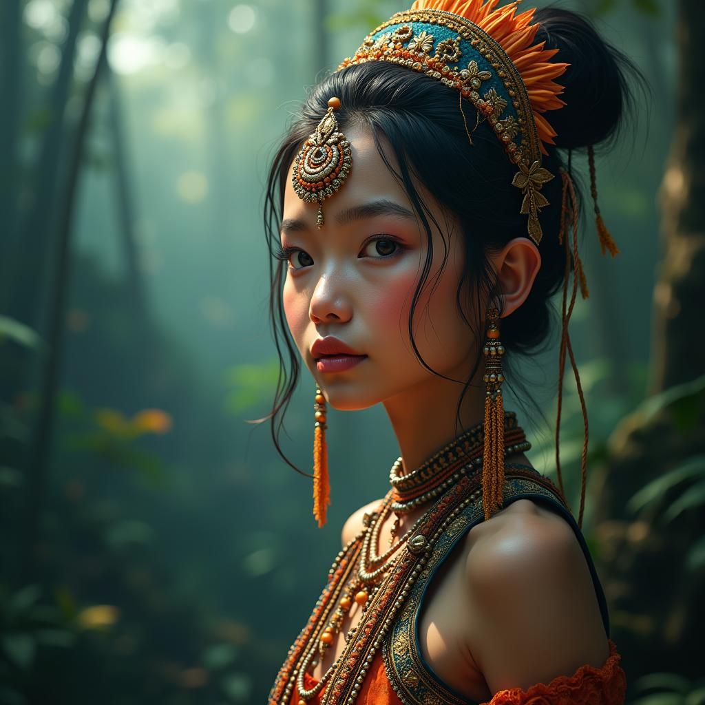 Dayak Girl in Bornean Jungle, Matte Painting Style