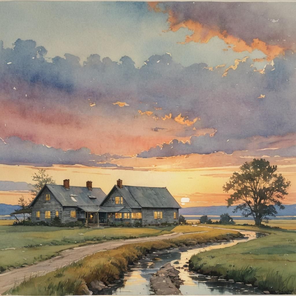 Watercolor Cottage at Vivid Sunset