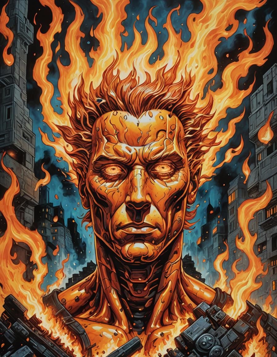 Human Torch Ablaze: A Pop Surrealism Comic Portrait